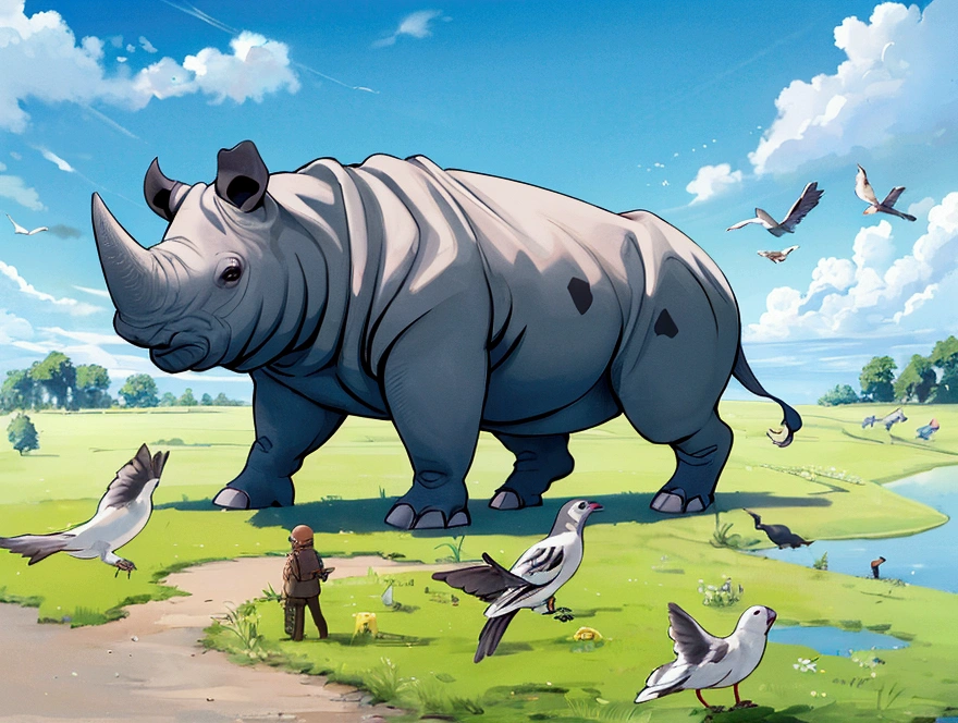 (best quality, masterpiece), rhino, grass floor, birds in sky, blue sky, landscape, focus and zoom on rhino