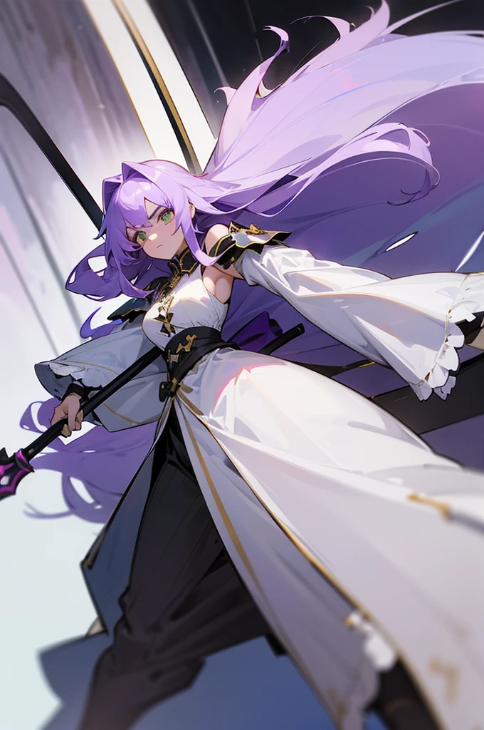 (Beautiful girl,Royal Knights),Light purple hair、Long Hair、Portrait of a noble knight,Speed Line,Combat Stance,Wield a huge weapon,Expressionless,Faint-hearted face、the below described,magma,Big Grim Reaper Scythe、Stocky body、Shoulders out、White background、Fullbody、White clothes