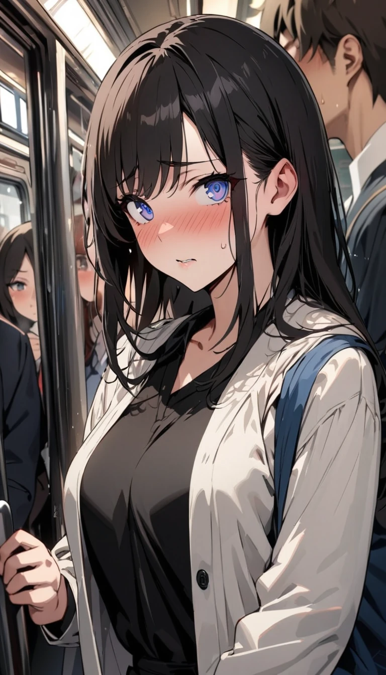 masterpiece, High resolution, perfect face, Japan beauties, 30 years old, beautiful face, in the crowded train, high school student, embarrassed look, look at the camera, (top quality eyes), detailed texture, Look at me, Married woman, cool women, ((high resolution eyes)), hentai