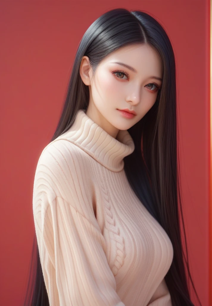 ,score_9,score_8_up,score_7_up, 20 years old, 8k, hd, beautiful girl, black hair, very long hair, straight hair, closed mouth,
1girl, detailed face, beautiful woman's face, sweater, red background, looking at viewer,
