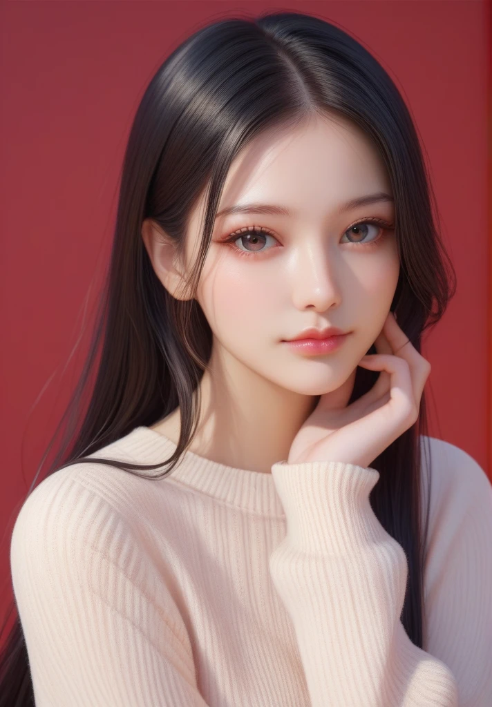 ,score_9,score_8_up,score_7_up, 20 years old, 8k, hd, beautiful girl, black hair, very long hair, straight hair, closed mouth,
1girl, detailed face, beautiful woman's face, sweater, red background, looking at viewer,