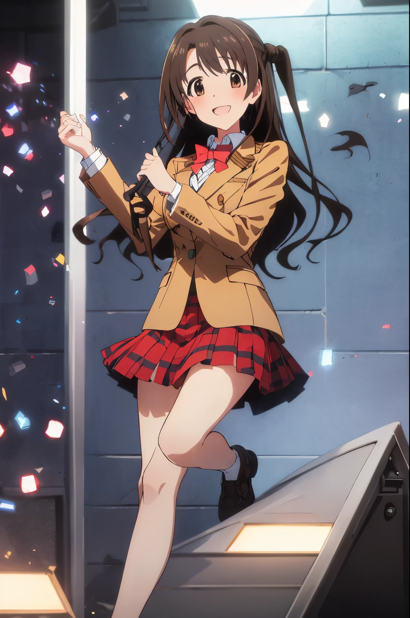 shimamura uzuki  (Idol Master), (Highest quality, 8k, masterpiece, Very detailed:1.2), (Lens flare, Particles of light, Shine), Big Breasts, smile, Open your mouth, masterpiece, Highest quality, Very detailed, High resolution, Very detailedなCG, , Red bow tie, blazer, Brown jacket, Long sleeve, Check skirt, Red Skirt , Embarrassing:1.1), (blush:1.2), (orgasm:1.2), Open your mouth, (shout:1.1), (Moving lines:1.1), masterpiece, Highest quality, Very detailed, High resolution, Very detailedなCG, Official Art