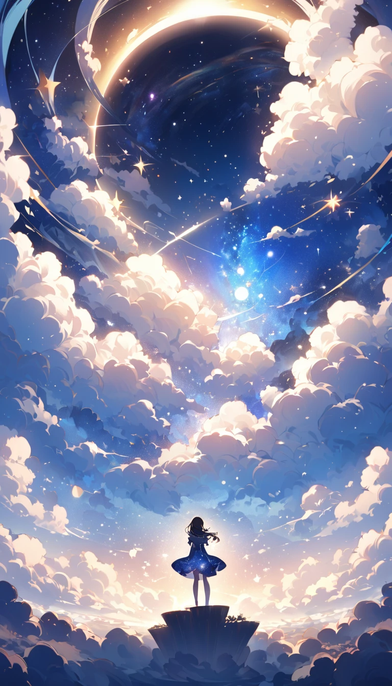 Enter a world of wonder and fantastic beauty, Where reality and dreams intersect. Imagine a breathtaking sea of stars, Sparkling above the fluffy clouds. In the foreground, A young girl is standing on a cloud, Her silhouette in the panorama of the sky. Depicts the posture of a girl looking up at the vast starry sky, Capture her sense of awe and respect. Explore the emotions evoked by the scene - a mix of surprise and emotion, curiosity, And a deep connection to the vastness of the universe. Think about what this moment means to the girl.。Is she thinking about her place in the universe?。, Seeking solace and inspiration, Or maybe she&#39;ll embark on her own celestial journey.? Break: Make a short story、It creates an atmosphere, Use evocative words、emphasize the surreal and otherworldly nature of the scene. Exploring the interplay between the tangible and the intangible - the solid clouds beneath her feet and the endless stars above々Contrast of. Consider incorporating sensory details, such as the soft feel of clouds., The sound of distant celestial music, Or the faint scent of stardust in the air.