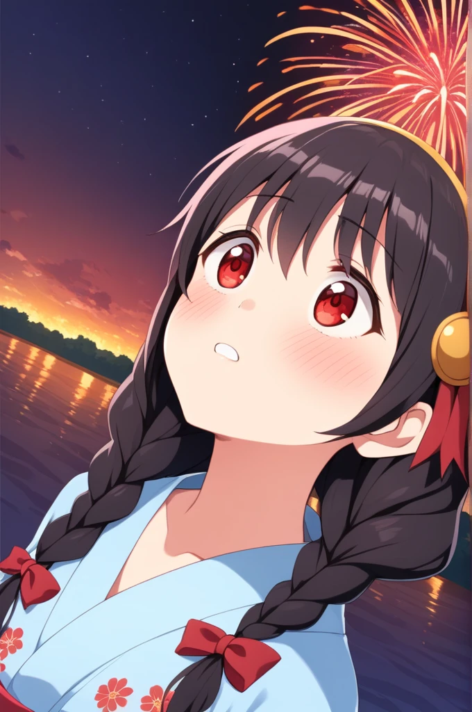 alone, One girl、Crown braids in the same color as your hair, hair ornaments, Hair Ribbon,(A light blue kimono with a red floral pattern and a red obi.)、Red Eyes、Black Hair、(Looking up with a nonchalant expression:1.5)、(blush:1.3)、Larger breasts、The background is a night river and fireworks