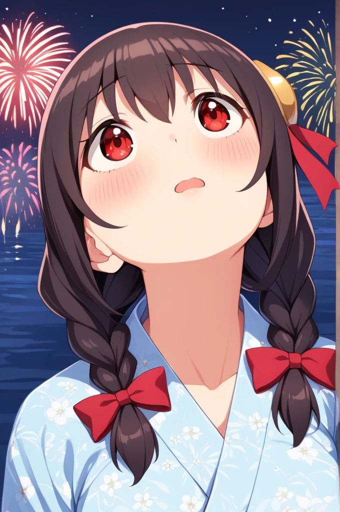 Black hair twin tails、yukata、Big Breasts、firework、Licking a candy apple with your tongue、Close one eye
