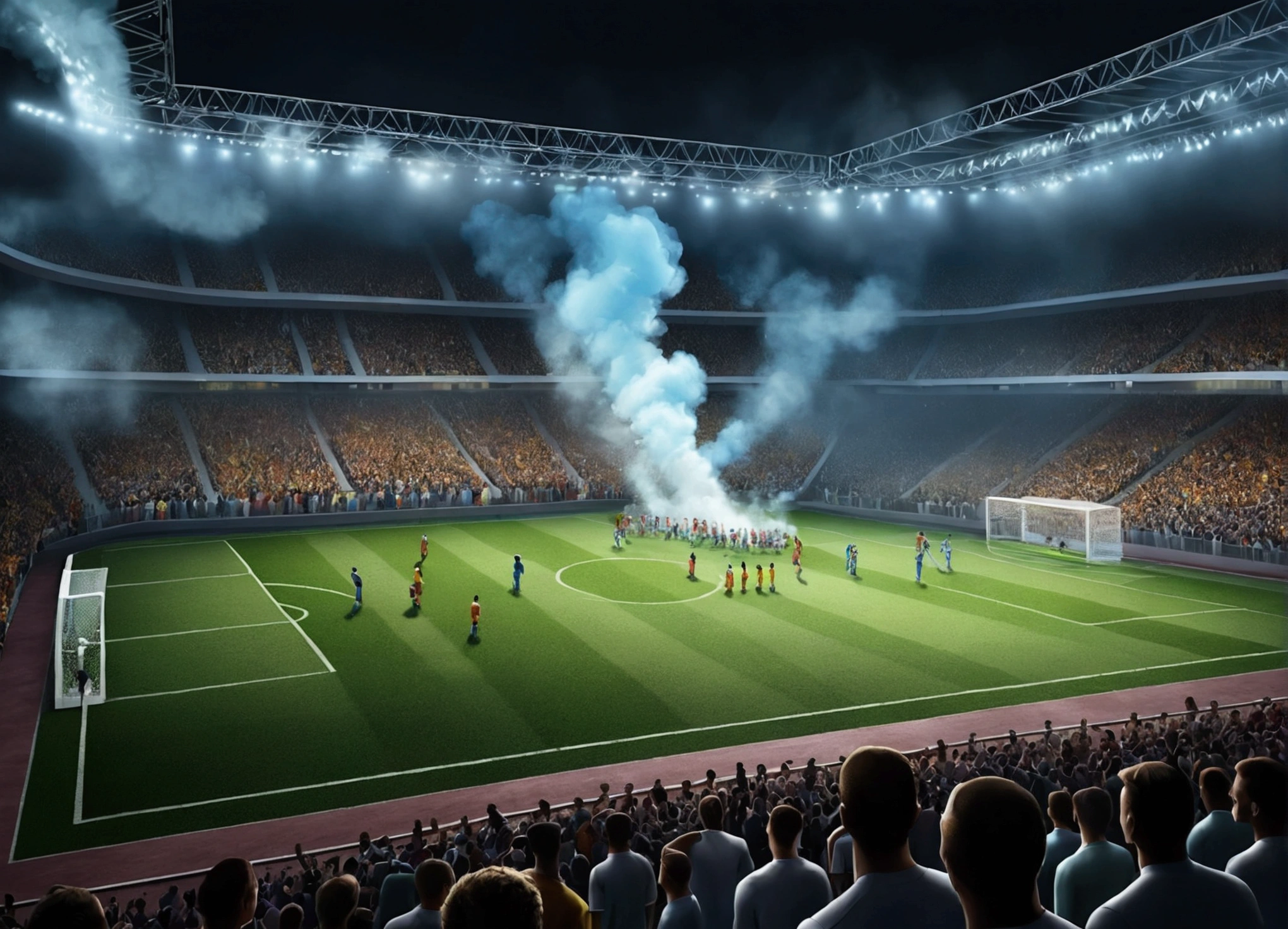 Create a view from inside the football field., The players looked at the crowd., realistic crowd, colors, A little smoke., Point of interest