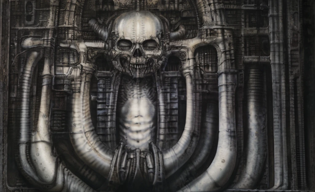 The image is a detailed view of H.R. Giger's biomechanical tableau \" Landscape XVI \" plate, featuring.
(airbrush painting, Giger's alien in front of broken alien ship in landscape, natural light, sharp focus, illustration, highly detailed, digital painting, concept art, matte, art by gric and kozhanov and moebius and Alphonse Mucha, masterpiece, HDR ,UHD , uplight, in HRGigerArhP style);1.
surrealistic painting of a monster with multiple tentacles and a body that looks like a brain, surrounded by a chaotic scene of swirling clouds and other monsters
It's a complex network of bones and organs in eldritch color scheme:a greenish-brown hue ,swirling gery and brown colors. The artwork is silverish and green brown, with an ivory bones prominently displayed. The image is highly detailed and intricate, almost like a 3d version of a medical sketchwork.
The piece is a tableau, most likely created with a India ink pen or pencil on paper, determined by the thin lines, shading techniques, and the texture of the paper, which is visible around the edges.
Used is pen, given the shading and variations in line weight visible in the image. Artist have used a variety of stylus with different degrees of hardness to achieve the shading effects.
The use of undersaturated green-grays dark contrasts creates a stark and graphic look. Is used a variety of linework techniques to create different textures. Fine, parallel lines create a smooth, metallic texture,while thicker, more cursive lines suggest cables or wires.
Light source from the top highlights skeletals, pper part of foreground, lower part of image is in shadowupper part of foreground, lower part of image is in shadow.
The art performance showcases the artist’s skills in observation and rendering. The level of detail in the piece suggests a close study of real bone specimens and mechanics. The artist has skillfully used shading techniques to create a convincing illusion of three-dimensionality on a flat surface. The wrinkles