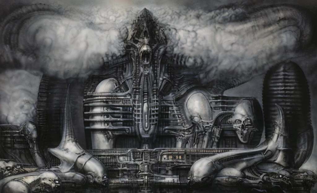 The image is a detailed view of H.R. Giger's biomechanical tableau \" Landscape XVI \" plate, featuring.
(airbrush painting, Giger's alien in front of broken alien ship in landscape, natural light, sharp focus, illustration, highly detailed, digital painting, concept art, matte, art by gric and kozhanov and moebius and Alphonse Mucha, masterpiece, HDR ,UHD , uplight, in HRGigerArhP style);1.
surrealistic painting of a monster with multiple tentacles and a body that looks like a brain, surrounded by a chaotic scene of swirling clouds and other monsters
It's a complex network of bones and organs in eldritch color scheme:a greenish-brown hue ,swirling gery and brown colors. The artwork is silverish and green brown, with an ivory bones prominently displayed. The image is highly detailed and intricate, almost like a 3d version of a medical sketchwork.
The piece is a tableau, most likely created with a India ink pen or pencil on paper, determined by the thin lines, shading techniques, and the texture of the paper, which is visible around the edges.
Used is pen, given the shading and variations in line weight visible in the image. Artist have used a variety of stylus with different degrees of hardness to achieve the shading effects.
The use of undersaturated green-grays dark contrasts creates a stark and graphic look. Is used a variety of linework techniques to create different textures. Fine, parallel lines create a smooth, metallic texture,while thicker, more cursive lines suggest cables or wires.
Light source from the top highlights skeletals, pper part of foreground, lower part of image is in shadowupper part of foreground, lower part of image is in shadow.
The art performance showcases the artist’s skills in observation and rendering. The level of detail in the piece suggests a close study of real bone specimens and mechanics. The artist has skillfully used shading techniques to create a convincing illusion of three-dimensionality on a flat surface. The wrinkles