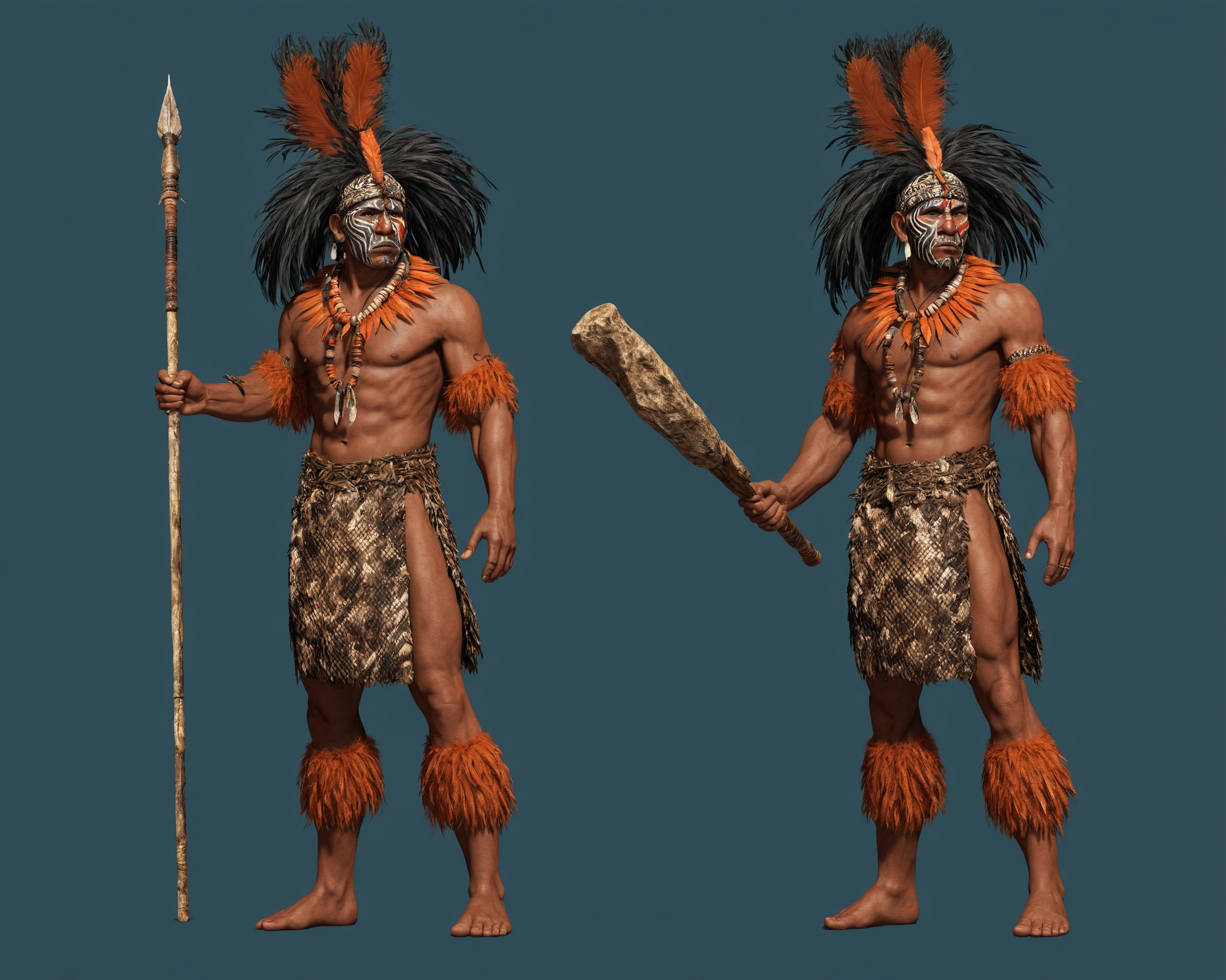 a close-up of two different poses of a man with a spear in one and a club in the other, wild cannibal tribal guero, primitive, wearing tribal necklace and snakeskin clothes and orange fur, feather props, spiky hair: ultra realistic and detailed image