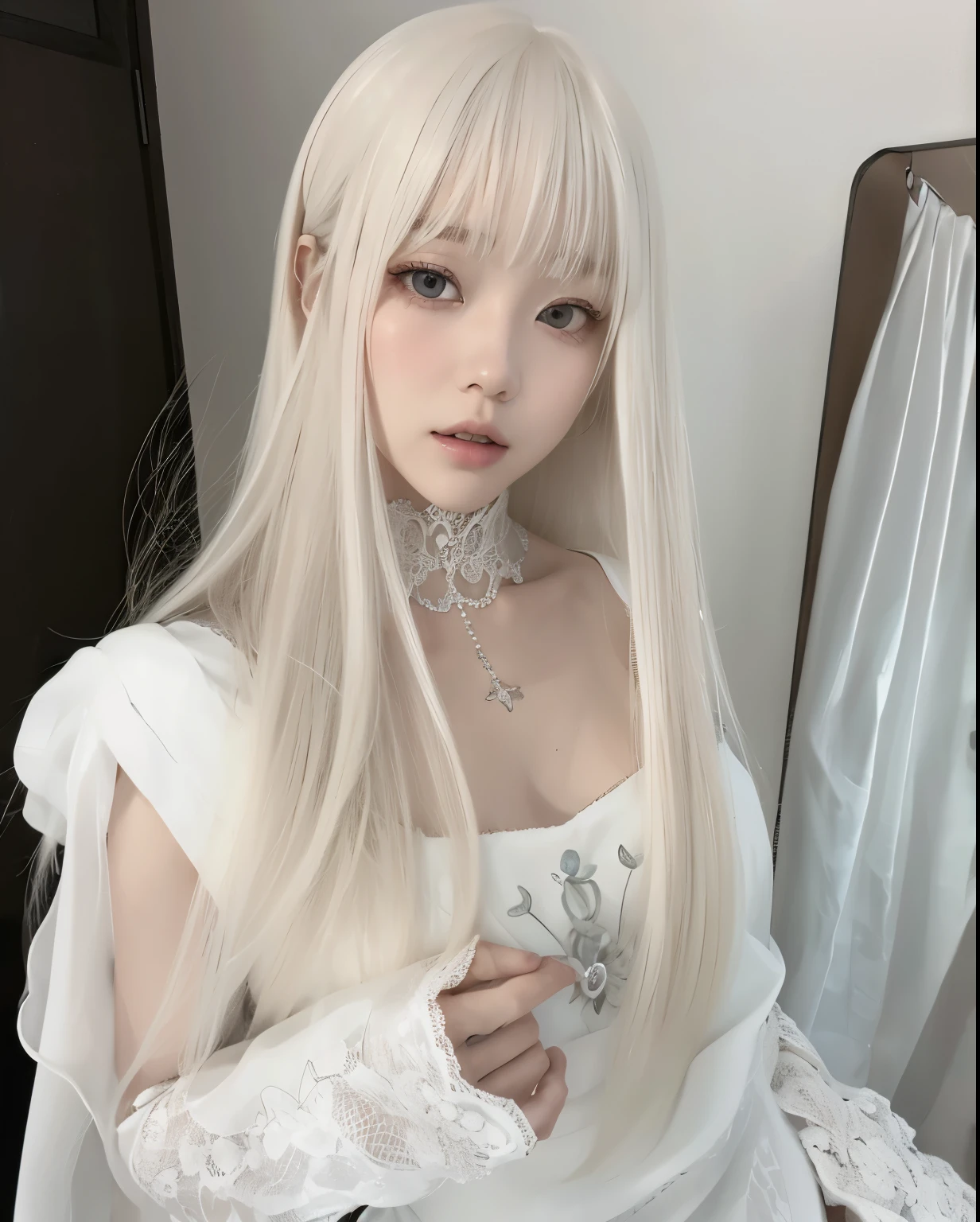 Blonde girl in white dress posing for a photo, White hime cut hairstyle, long white hair e franja, com long white hair, com long white hair, Long white straight hair, white fringe, Best Face, straight gray hair, long white hair!!, hime cut, pale hair, long hair full of bangs, pale milky white porcelain skin, long white hair