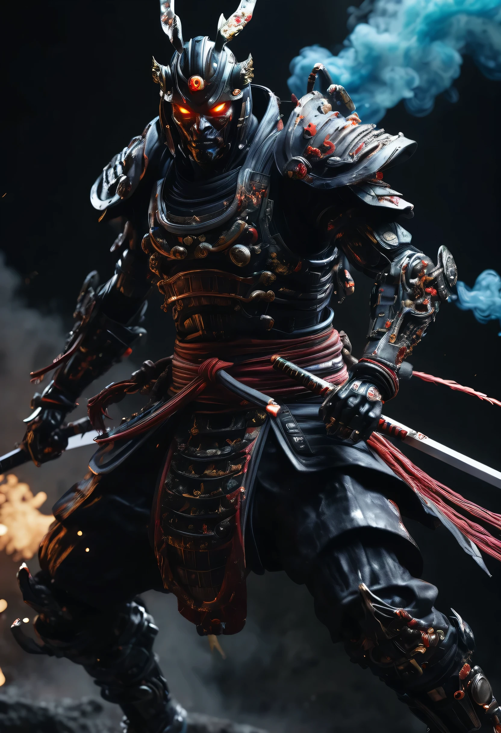 A cyborg samurai-like creature in action、Launch an attack on the enemy, FW Murano Style, Pitch black smoke coming out, Vibrant Color Blast, Very detailed, dark, Key Visual, Atmospheric, Very realistic, Attention to detail and texture, Ray Tracing