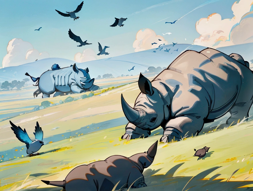 (illustration, best quality, masterpiece, official art:1.1), rhino, grass floor, birds in sky, blue sky, landscape, focus and zoom on rhino