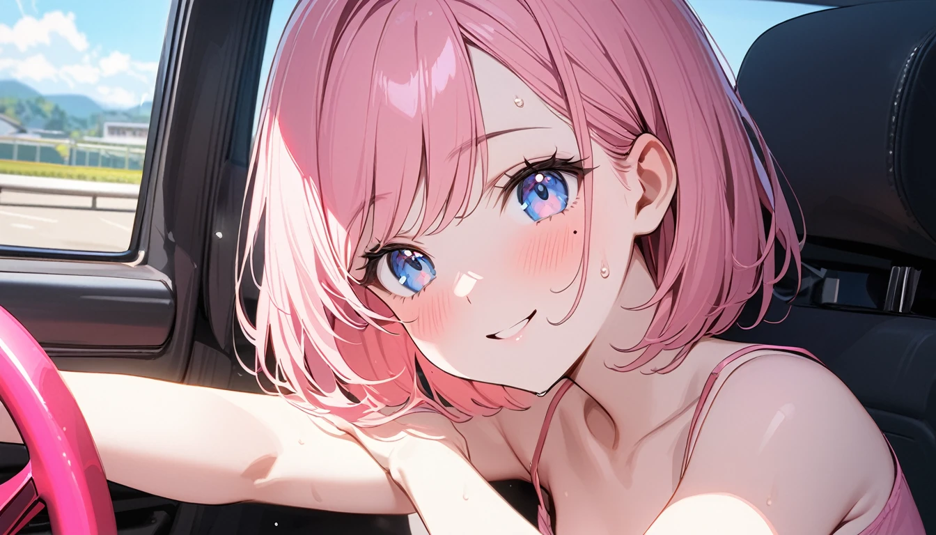 (1 girl),(Best Picture Quality, 8K, Masterpiece:1.3), (high school student:1.5), ((pink lob hair:1.1)), (bob cut),(swept bangs), (cute eyes, pupil black, iris skyblue, youthful face), (mole under right eye), (standard weight), (small ), (glistening skin:1.1),(pale skin:1.2),((camisole, hot pants)),(Smile),(sweat),((Ride a pink car)),((magnificent view:1.3)),