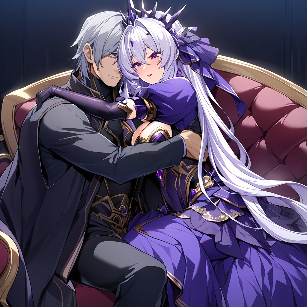 ((Highest quality)), ((masterpiece)), (detailed), (Perfect Face)、The woman is the evil queen Dark Extia, an evil transforming heroine with medium-long silver hair, wearing a gorgeous evil queen dress with gold embroidery and trim, gorgeous accessories, an engagement ring, and a happy expression as she hugs and snuggles up to the man.、The man is the evil king, Naioro, a handsome man with medium-long silver hair, wearing a black bodysuit and embracing a woman.、A man and a woman are sitting close together on a luxurious throne, making love.、A man and a woman are a deeply loving couple