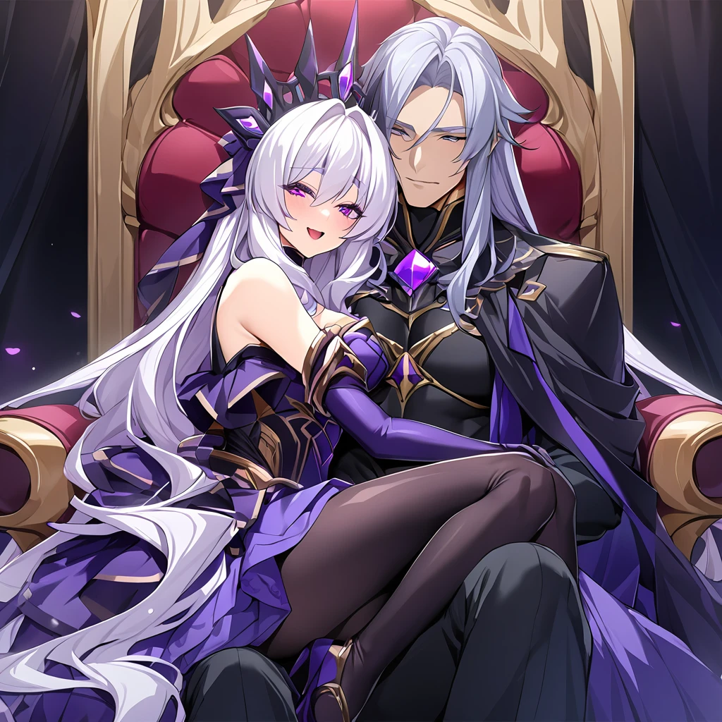 ((Highest quality)), ((masterpiece)), (detailed), (Perfect Face)、The woman is the evil queen Dark Extia, an evil transforming heroine with medium-long silver hair, wearing a gorgeous evil queen dress with gold embroidery and trim, gorgeous accessories, an engagement ring, and a happy expression as she hugs and snuggles up to the man.、The man is the evil king, Naioro, a handsome man with medium-long silver hair, wearing a black bodysuit and embracing a woman.、A man and a woman are sitting close together on a luxurious throne, making love.、A man and a woman are a deeply loving couple