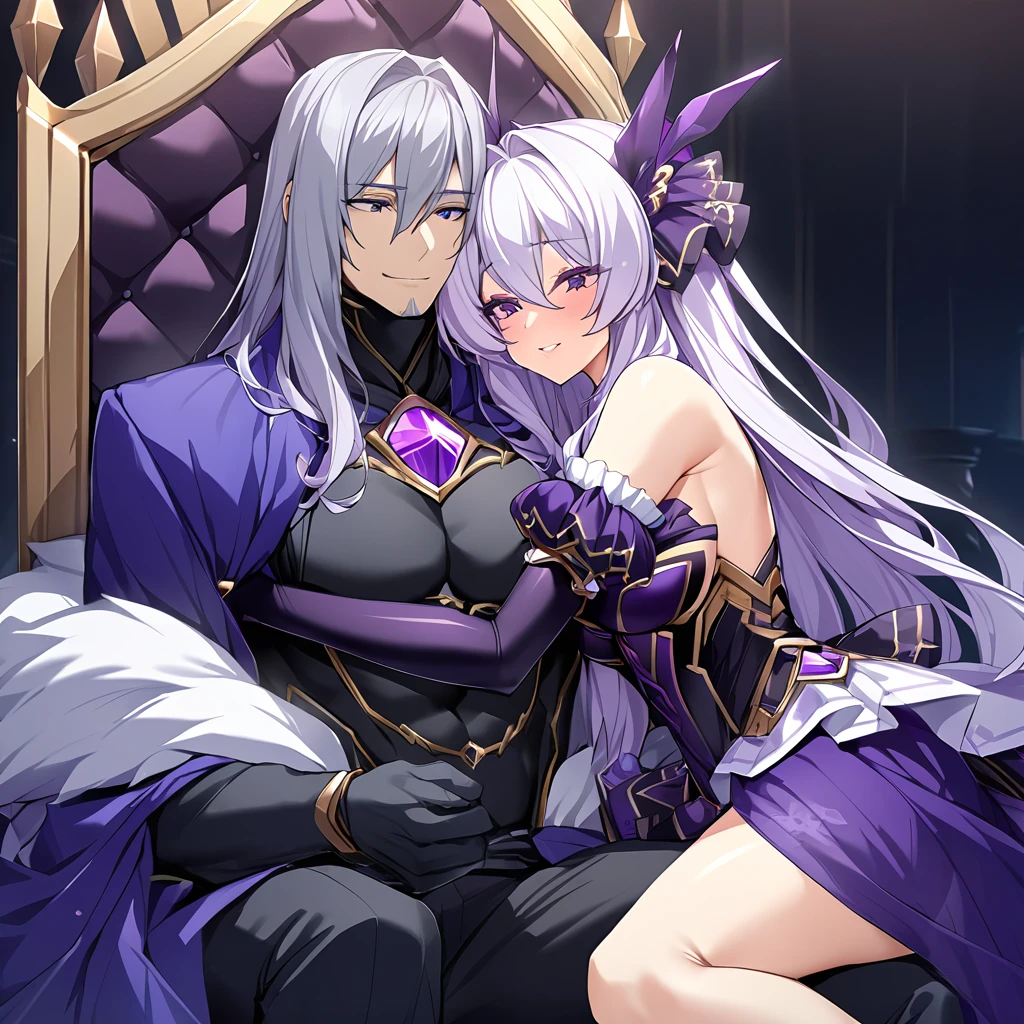 ((Highest quality)), ((masterpiece)), (detailed), (Perfect Face)、The woman is the evil queen Dark Extia, an evil transforming heroine with medium-long silver hair, wearing a gorgeous evil queen dress with gold embroidery and trim, gorgeous accessories, an engagement ring, and a happy expression as she hugs and snuggles up to the man.、The man is the evil king, Naioro, a handsome man with medium-long silver hair, wearing a black bodysuit and embracing a woman.、A man and a woman are sitting close together on a luxurious throne, making love.、A man and a woman are a deeply loving couple