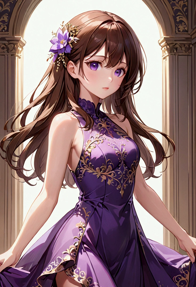Anime girl, aesthetic body, long brown hair, purple eyes, elegant dress, tall