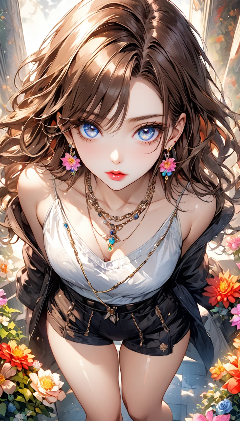 Takafu Murakami, 8K quality, intense watercolor, amazing, cool beauty quality, highest quality, official art, stylish design, ((The most beautiful woman in history)), (((Highest quality))), HDR, ((Details) )), ((delicate eyes, best eyes, beautiful eyes, detailed eyes, high quality eyes)) (((colorful flowers))), (brown hair, shiny hair, beautiful hair, beautiful hair), (Beautiful lips, protruding lips) (Beautiful standing figure,), ((In underwear)) (((Earrings, necklace, many accessories)))), ((Angle from above, From above) (Looking at camera), Above the knee Composition,) ))