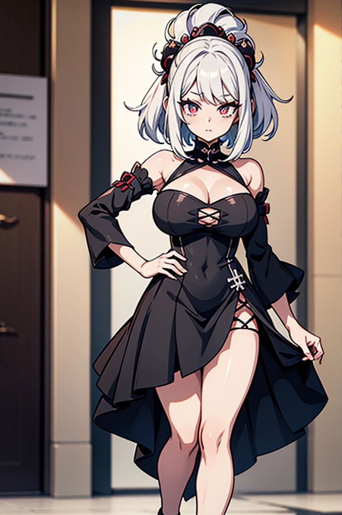 Anime-style image of a woman with white hair and black clothing, Cute 3D anime girl render, Cute anime waifu in a nice dress, Anime VTuber Full Body Model, Anime girl in a black dress, Gothic Maiden Anime Girl, Highly detailed characters, Official character art,Onmyoji,Big Tits,cream puff