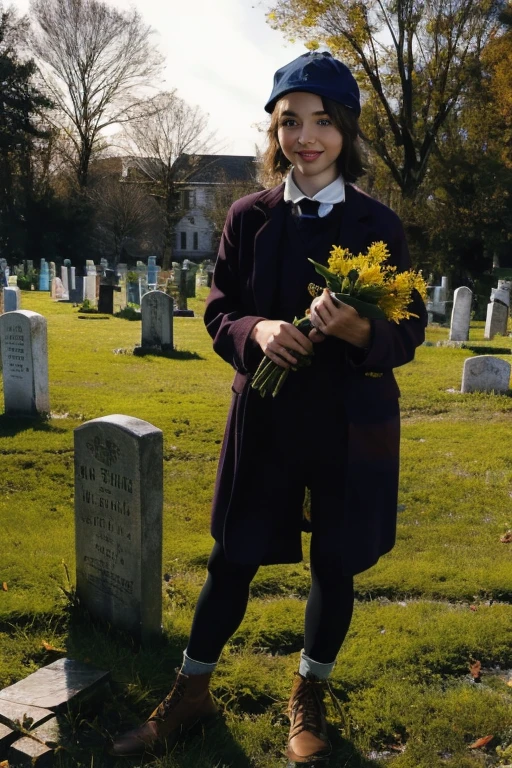 Young beautiful girl, Emma Myers, American, SOFT SMILING FACE, HAVE A BROWN HAIR, wears a old work cap, wears old-fashioned clothes, 19th century, poverty-stricken clothes, old torn clothes, 19th century period clothing, holding a bouquet, standing before her grandparents' tombstones, cemetery background, dark cities background, night time, midnight background.