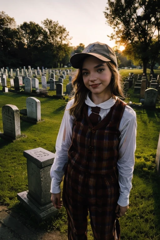 Young beautiful girl, Emma Myers, American, SOFT SMILING FACE, HAVE A BROWN HAIR, wears a old work cap, wears old-fashioned clothes, 19th century, poverty-stricken clothes, old torn clothes, 19th century period clothing, holding a bouquet, standing before her grandparents' tombstones, cemetery background, dark cities background, night time, midnight background.