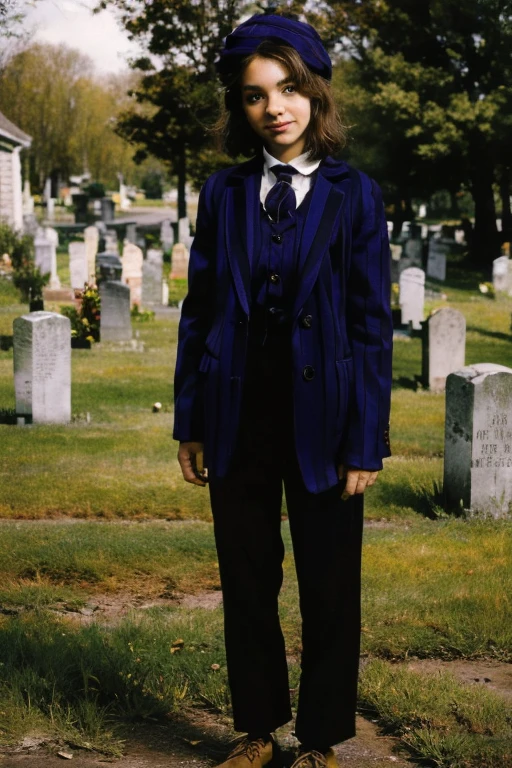 Young beautiful girl, Emma Myers, American, SOFT SMILING FACE, HAVE A BROWN HAIR, wears a old work cap, wears old-fashioned clothes, 19th century, poverty-stricken clothes, old torn clothes, 19th century period clothing, holding a bouquet, standing before her grandparents' tombstones, cemetery background, dark cities background, night time, midnight background.