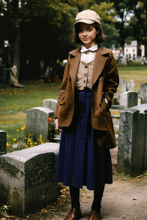 Young beautiful girl, Emma Myers, American, SOFT SMILING FACE, HAVE A BROWN HAIR, wears a old work cap, wears old-fashioned clothes, 19th century, poverty-stricken clothes, old torn clothes, 19th century period clothing, holding a bouquet, standing before her grandparents' tombstones, cemetery background, dark cities background, night time, midnight background.