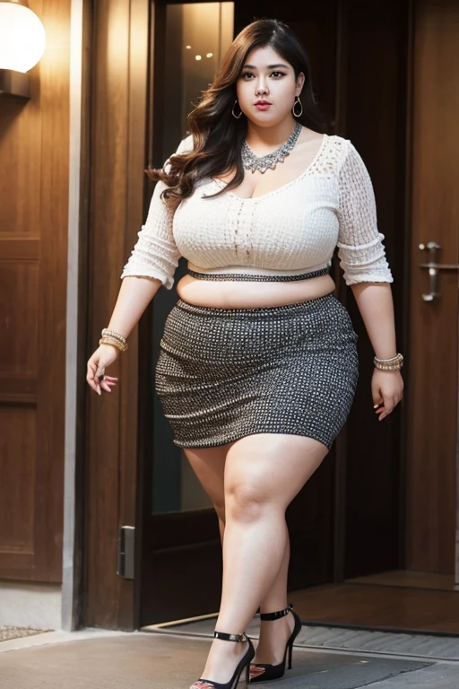 130kg, morbidly obese woman, abdominal obesity, fat belly, large belly, protruding belly, big belly, convex belly, abdominal exposure, exposed navel, mini skirt, high heel, earring, necklace, bracelet, Outer eyelid