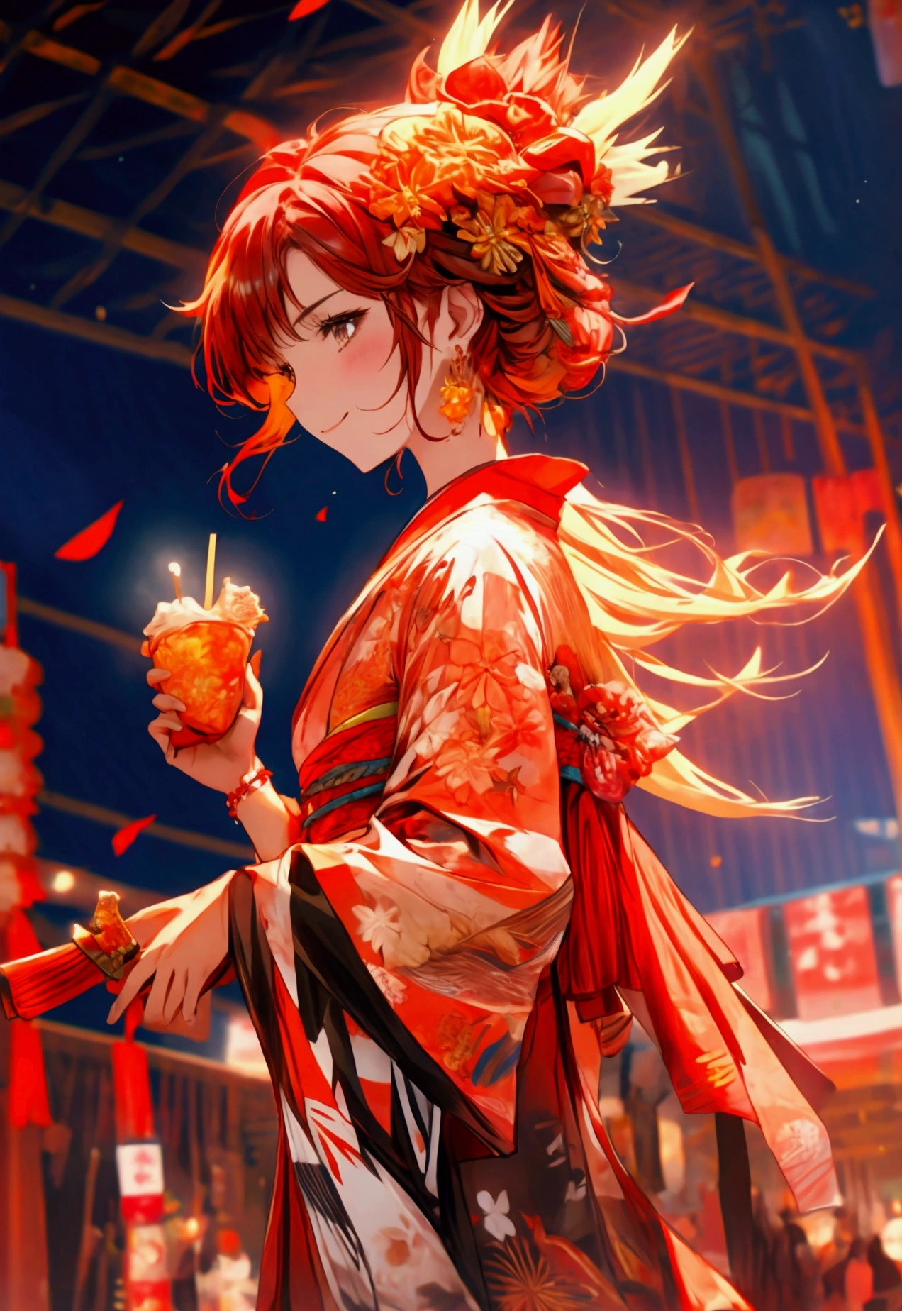Character Design:
• Hair: Fiery red and orange gradient, appearing to flicker like flames in the light of the summer festival.
• Clothing: Modern-style yukata with flame motifs, incorporating red, orange, and gold hues.
• Accessories: Floral hairpieces and a fan matching the yukata, holding a bag with a goldfish caught at the festival.
Summer Festival Scene:
1. Background:
• Stalls: Rows of food and game stalls illuminated by lanterns, with bustling activity around yakisoba, takoyaki, shaved ice, and other stalls.
• People: Various festival-goers in yukata, including families, couples, and friends, enjoying the summer festival.
2. Activities:
• Food: The phoenix woman enjoying a red shaved ice or a golden cotton candy, reflecting her fiery color palette.
• Games: Participating in activities like shooting games or yo-yo fishing, focusing intently on the target or smiling as she catches a yo-yo.
3. Special Moments:
• Fireworks: A scene with fireworks lighting up the night sky, with the phoenix woman illuminated by the colorful bursts, creating a magical atmosphere.
• Dancing: Participating in traditional bon dance, her movements graceful and flowing like flames, blending tradition with her unique beauty.
Color Palette:
• Phoenix Woman: Dominantly red, orange, and gold.
• Background and Accessories: Colorful festival lanterns and stalls, with the night sky and fireworks adding additional vibrancy.
Concept:
• Capture the liveliness and joy of a summer festival while highlighting the phoenix woman’s mystical allure.
• Blend everyday festival scenes with the extraordinary beauty of the phoenix, creating a visually captivating moment.