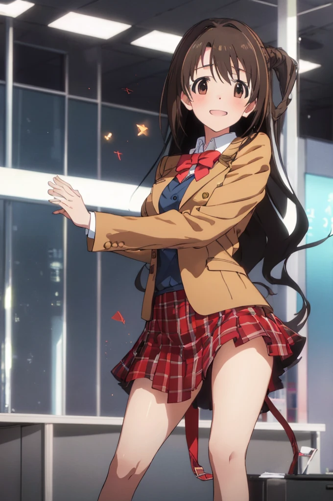 shimamura uzuki  (Idol Master), (Highest quality, 8k, masterpiece, Very detailed:1.2), (Lens flare, Particles of light, Shine), Big Breasts, smile, Open your mouth, masterpiece, Highest quality, Very detailed, High resolution, Very detailedなCG, , Red bow tie, blazer, Brown jacket, Long sleeve, Check skirt, Red Skirt , Embarrassing:1.1), (blush:1.2), (orgasm:1.2), Open your mouth, (shout:1.1), (Moving lines:1.1), masterpiece, Highest quality, Very detailed, High resolution, Very detailedなCG, Official Art, Panty shot