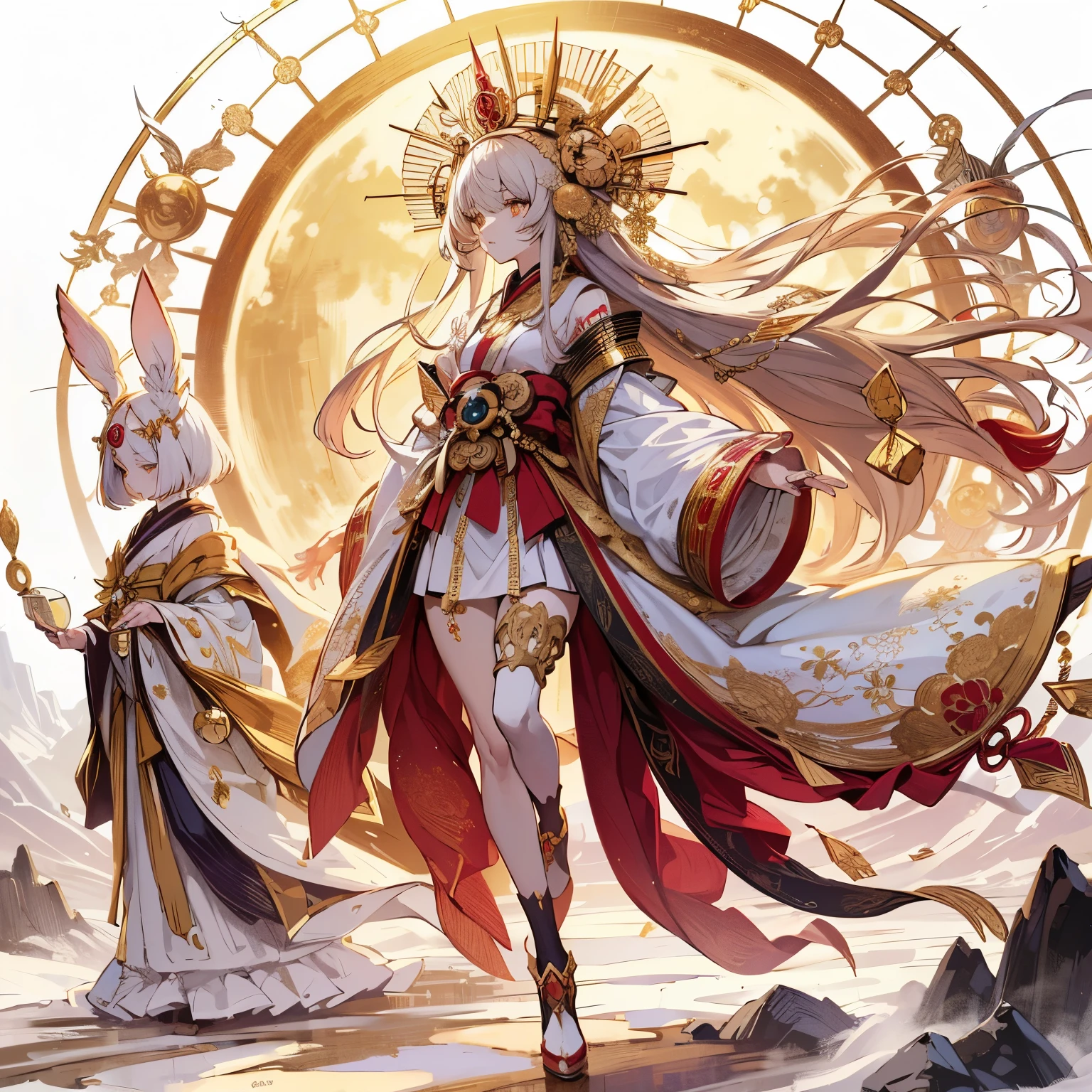 (masterpiece, Highest quality), (Perfect athletic body:1.2), (Detailed Hair), Very detailed, Anime Style, alone, whole body, Moon Goddess Tsukuyomi, Mysterious and gorgeous gold, red and white kimono, Wearing a gold crown、Cloth blinds covering her face, He carries a golden ring on his back, She is the attendant of the White Rabbit Fairy., high boots, Digital Painting, 8K high resolution, whole body, White Background, standing wilderness
