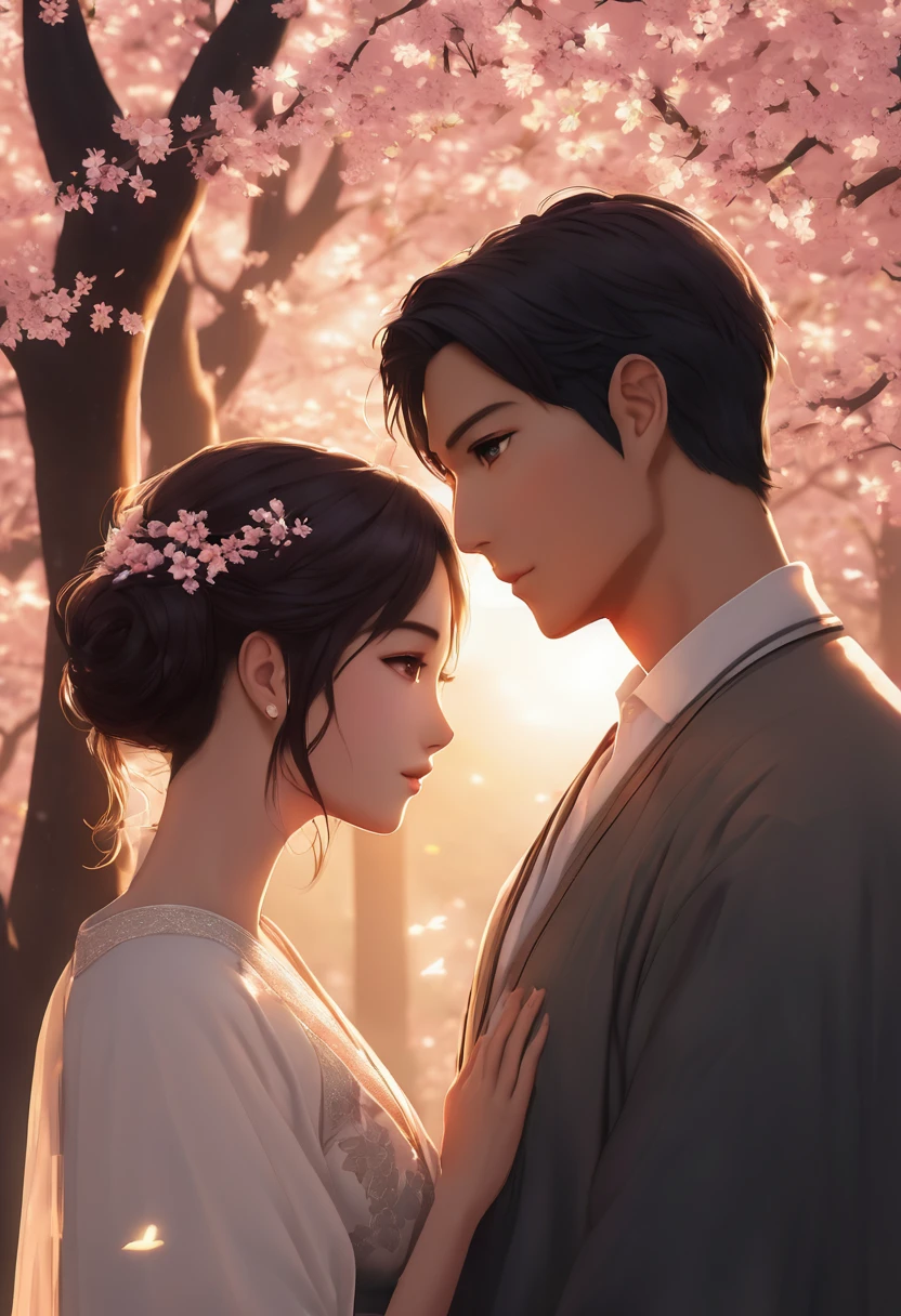 Create a dreamy anime couple scene with a picturesque background, like a sunset or cherry blossoms, evoking a sense of romance.