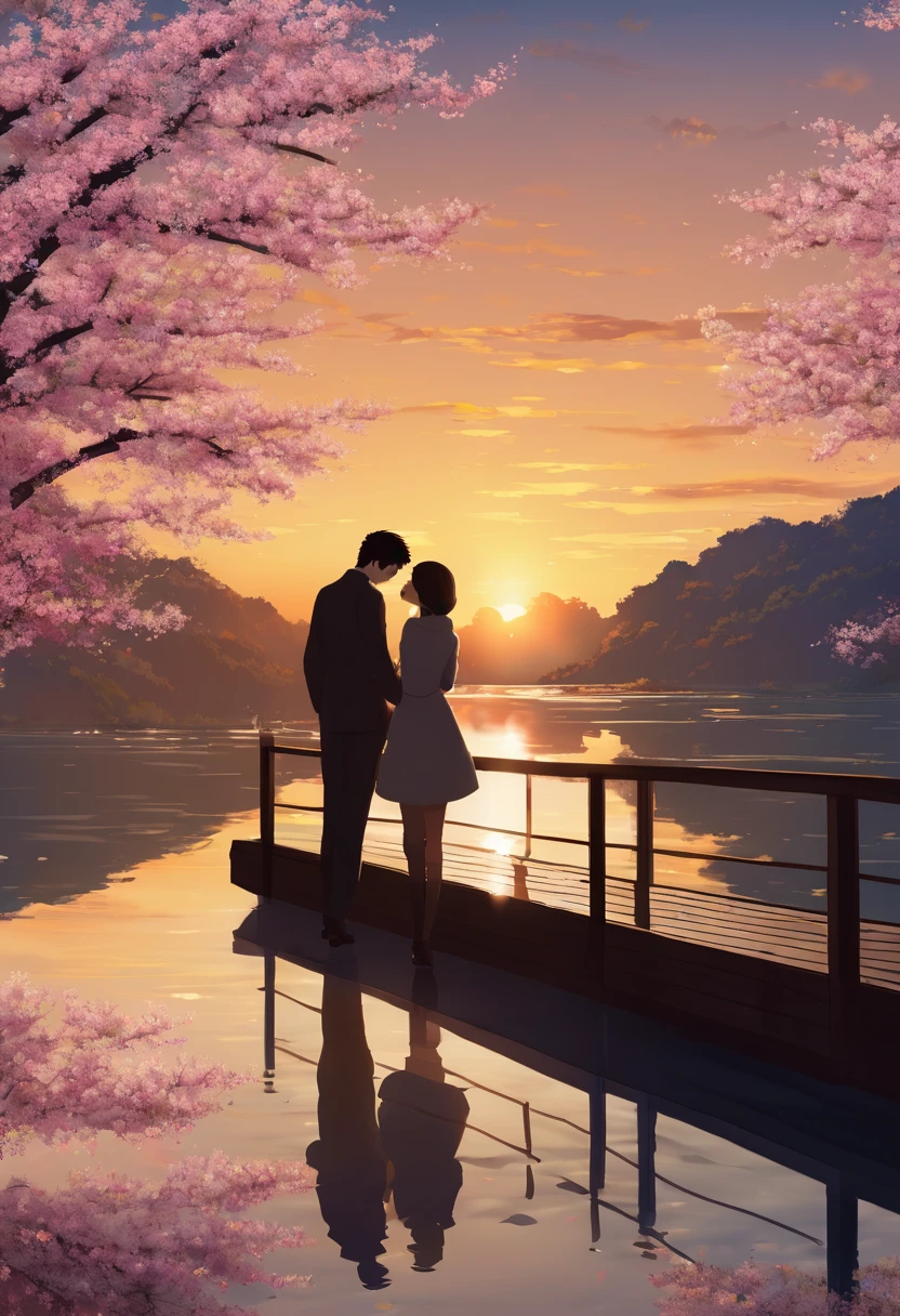 Create a dreamy anime couple scene with a picturesque background, like a sunset or cherry blossoms, evoking a sense of romance.