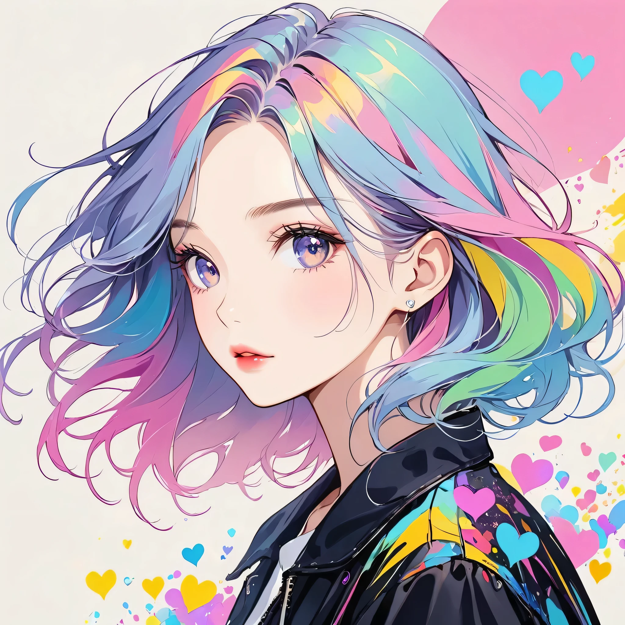 Black Star pastel color style, Simple Line Initialism,Abstract art,Urban Background, (((The most beautiful girl of all time))), Sweet face. Lips in love, colorful hearts, stylish design