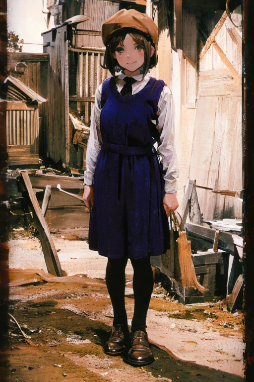 Young beautiful girl, Emma Myers, American, SOFT SMILING FACE, HAVE A BROWN HAIR, wears a old work cap, wears old-fashioned clothes, 19th century, poverty-stricken clothes, old torn clothes, 19th century period clothing, holding a bouquet, standing before her grandparents' tombstones, cemetery background, dark cities background, night time, midnight background.