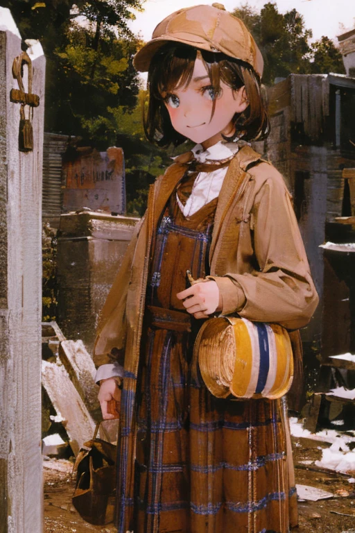 Young beautiful girl, Emma Myers, American, SOFT SMILING FACE, HAVE A BROWN HAIR, wears a old work cap, wears old-fashioned clothes, 19th century, poverty-stricken clothes, old torn clothes, 19th century period clothing, holding a bouquet, standing before her grandparents' tombstones, cemetery background, dark cities background, night time, midnight background.