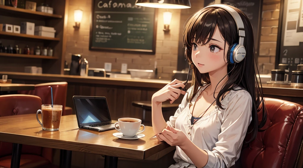 Girl with headphones enjoying music in a cafe I am studying Emphasize a little bit of the chest