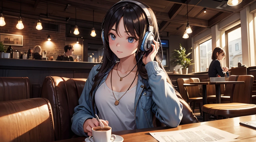 Girl with headphones enjoying music in a cafe　I am studying　Emphasize a little bit of the chest
