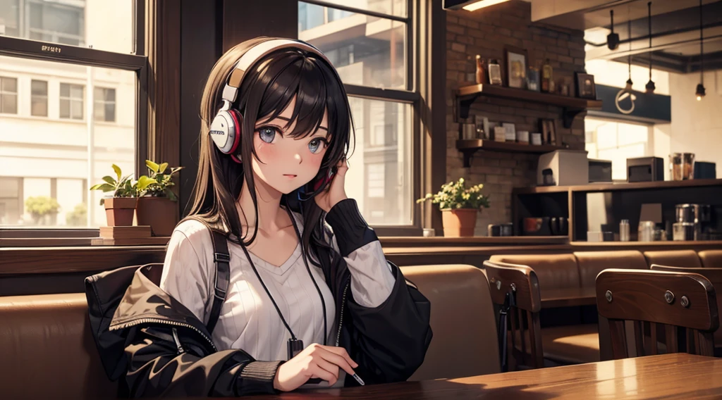 Girl with headphones enjoying music in a cafe I am studying Emphasize a little bit of the chest