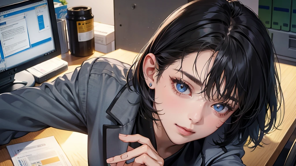 (perfect anatomy:1.2)(absurdres, highres, ultra detailed),masterpiece,best quality,high resolution,8k,Realistic face,Realistic skin texture,magnified textures, stunning clarity,detailed anime girl,(ultra detailed eyes and face),(1 girl:1.2)21years old,she is office worker,,smile:1.2,black hair, bob cut,natural make,grey jacket and pants,black brouse,,sparkling eyes.small nose,roundface,office,sitting at her desk,Looking at the VIEWER,she loves viewer
