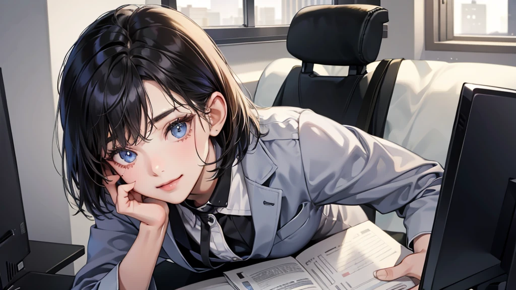 (perfect anatomy:1.2)(absurdres, highres, ultra detailed),masterpiece,best quality,high resolution,8k,Realistic face,Realistic skin texture,magnified textures, stunning clarity,detailed anime girl,(ultra detailed eyes and face),(1 girl:1.2)21years old,she is office worker,,smile:1.2,black hair, bob cut,natural make,grey jacket and pants,black brouse,,sparkling eyes.small nose,roundface,office,sitting at her desk,Looking at the VIEWER,she loves  viewer