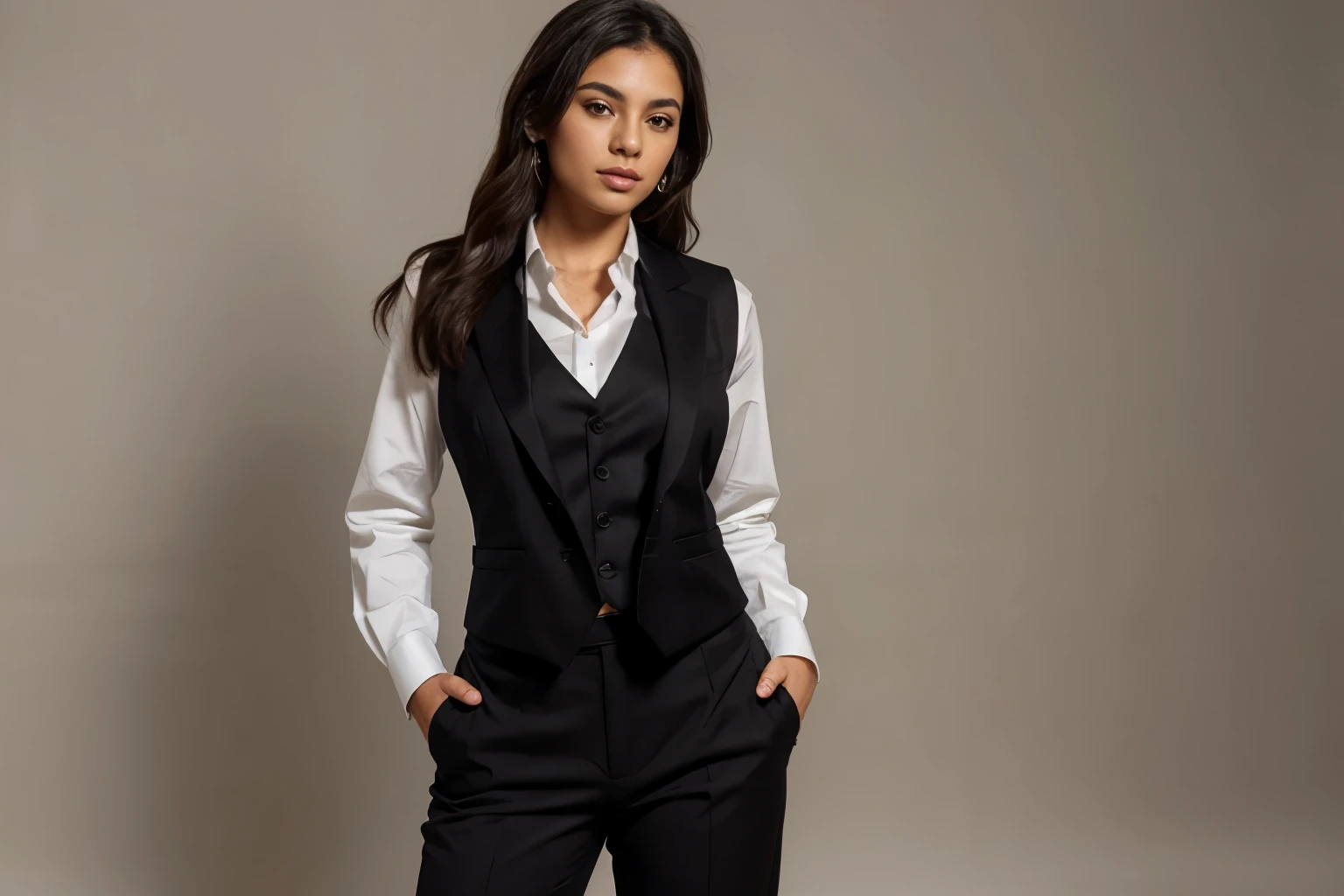 a beautiful latina model, posing a professional black waistcoat, shirt and black trousers, full body image for fashion company website, nude background, fully body image, fashion model for clothing brand