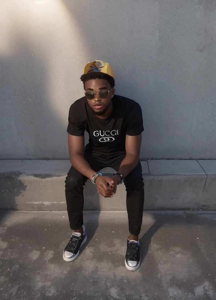 There is a 22-year-old African American man, sitting down em um banco com um frisbee, in a public square, during the day, the sunshine album art, high-quality portrait, profile image, profile image, Portrait photo, sitting down, Portrait photo, , photographic portrait, profile pic, random artist, profile pic, profile shot portrait, photo in 8k