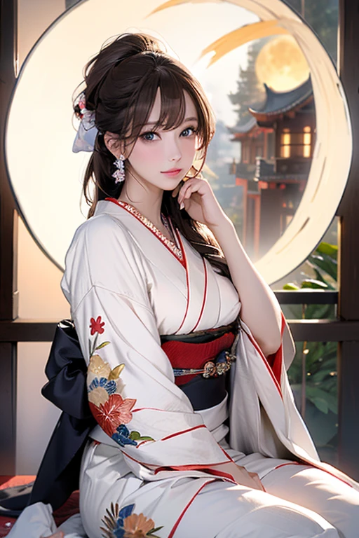 (Official Art、Highest quality、Unity 8k wallpaper、masterpiece、Ultra-high resolution)、Slender、Ample breasts、Highly detailed background、Beautiful girl in yukata、(Highly detailed face and eyes、Beautiful Face、Beautiful Eyes、Beautiful nose、Pretty lips)、Intimate Relationships、A friendly gaze、Japanese garden、Cowboy Shot、Sitting on the porch、moon明かり、moon、Autumn scenery、