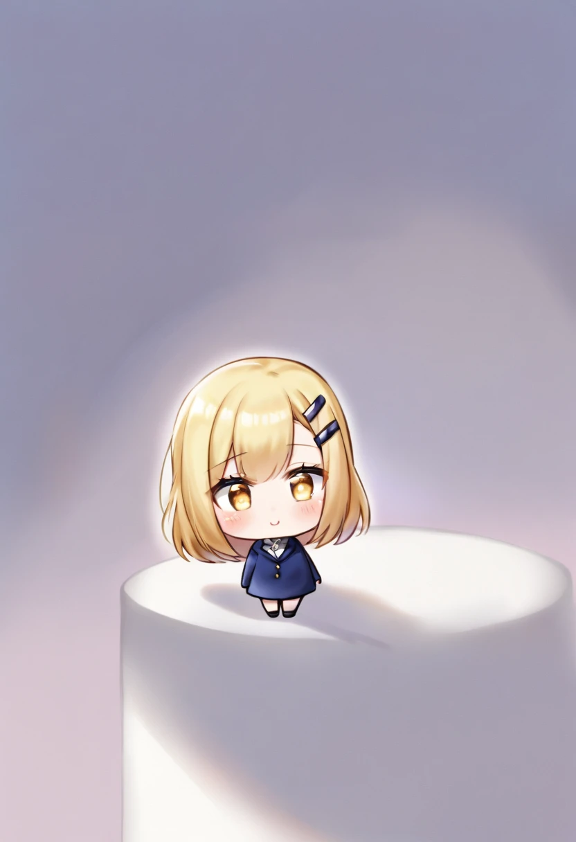A cute chibi-style figurine of a young woman with long blonde hair, wearing a navy blue business suit with a white shirt underneath. She has large blue-rimmed glasses and a small hair clip on the left side of her hair. The background is simple, with a light pattern and shadows, focusing on the figurine. The figurine has a calm, slightly indifferent expression, with rosy cheeks and large, shiny eyes.