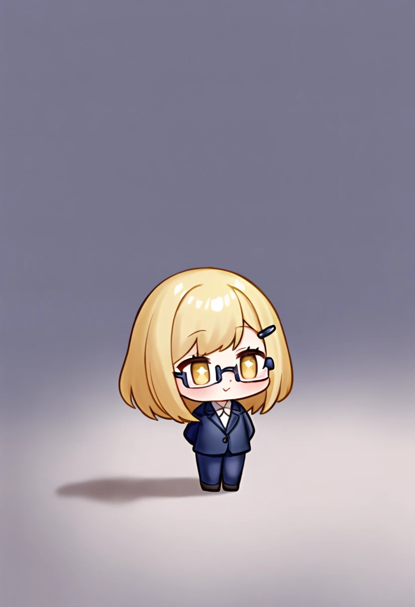 A cute chibi-style figurine of a young woman with long blonde hair, wearing a navy blue business suit with a white shirt underneath. She has large blue-rimmed glasses and a small hair clip on the left side of her hair. The background is simple, with a light pattern and shadows, focusing on the figurine. The figurine has a calm, slightly indifferent expression, with rosy cheeks and large, shiny eyes.