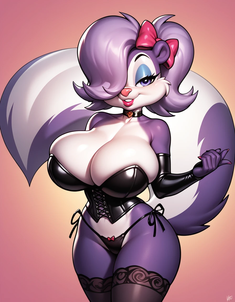 score_9, score_8_up, score_7_up, score_6_up, masterpiece, perfect face, perfect hands, high quality, source_cartoon, (1girl, solo,) fifi, skunk, anthro, hair bow, purple body, hair over one eye, high leg cut, black elbow gloves, black corset, Bustier, huge breasts, side-tie panties, micro panties, lace stockings, lipstick, cleavage,