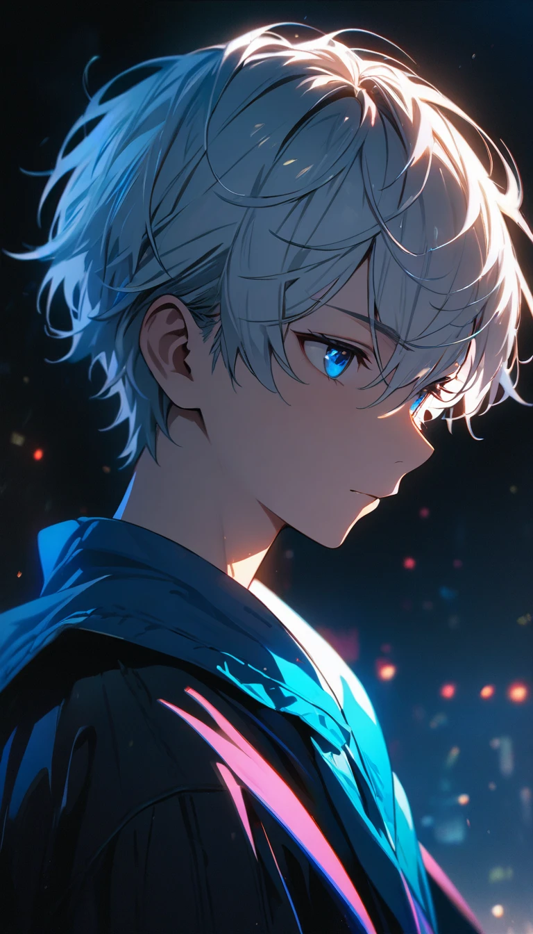 1 male, short hair, white hair, blue eyes, teenager, calm expression (best quality,4k,highres,masterpiece:1.2),ultra-detailed, dramatic lighting,vibrant colors,cinematic