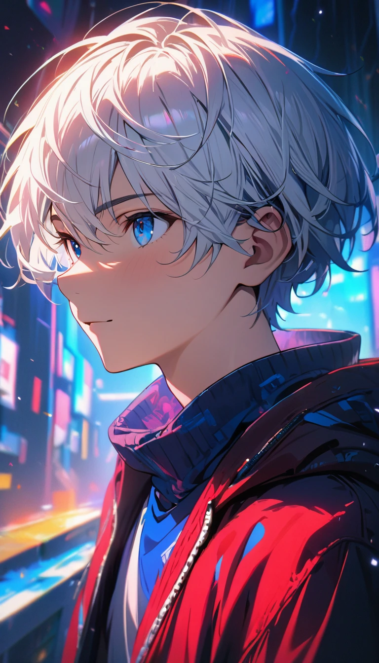 1 male, short hair, white hair, blue eyes, teenager, calm expression (best quality,4k,highres,masterpiece:1.2),ultra-detailed, dramatic lighting,vibrant colors,cinematic