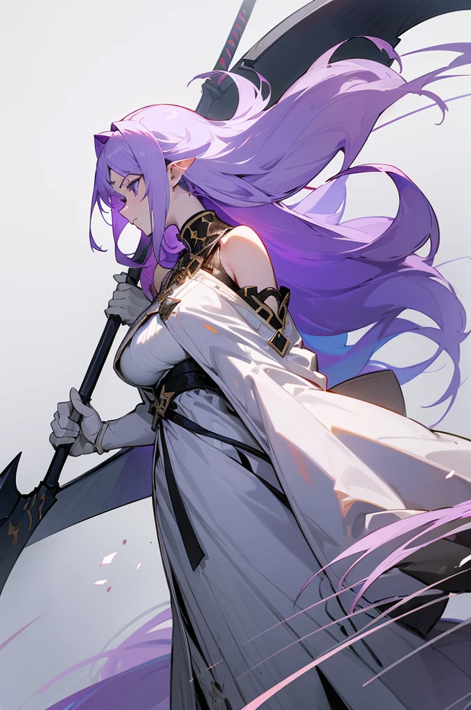 (Beautiful woman,Royal Knights),Light purple hair、Long Hair、Portrait of a noble knight,Speed Line,Combat Stance,Wield a huge weapon,Expressionless,Faint-hearted face、the below described,magma,Big Scythe、Stocky body、Shoulders out、White background、Fullbody、White clothes